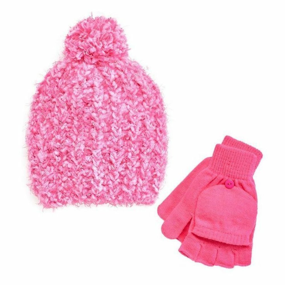 Girls SO Marled Sparkle Pom-Pom Hat & Flip-Top Fingerless Gloves Set